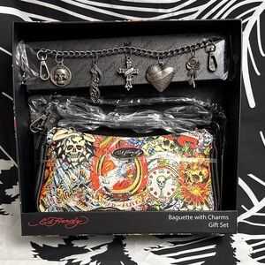 Ed Hardy Multicolor Tattoo-Print Baguette Bag with Charm Chain
